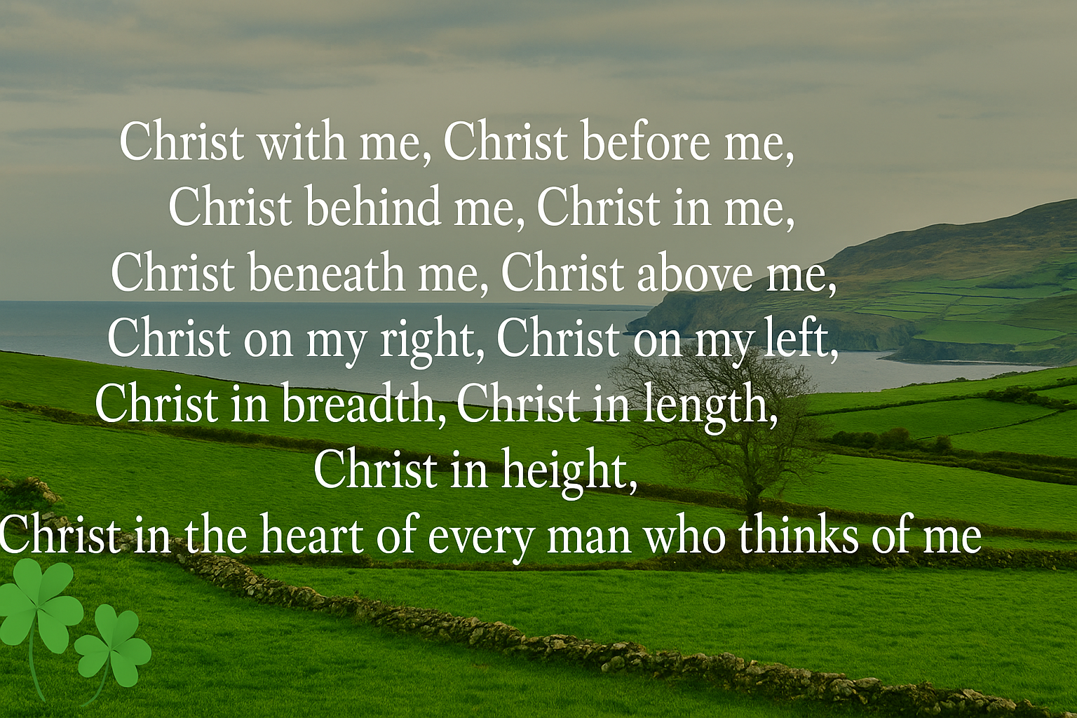 St. Patricks Breastplate Prayer over green Irish countryside and shamrocks