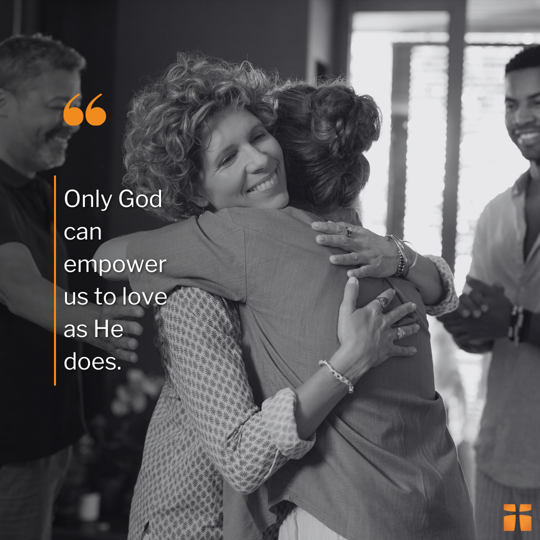 People hugging in forgiveness with a quote about how we can only love like God does with his help from an article that defines what turn the other cheek means.